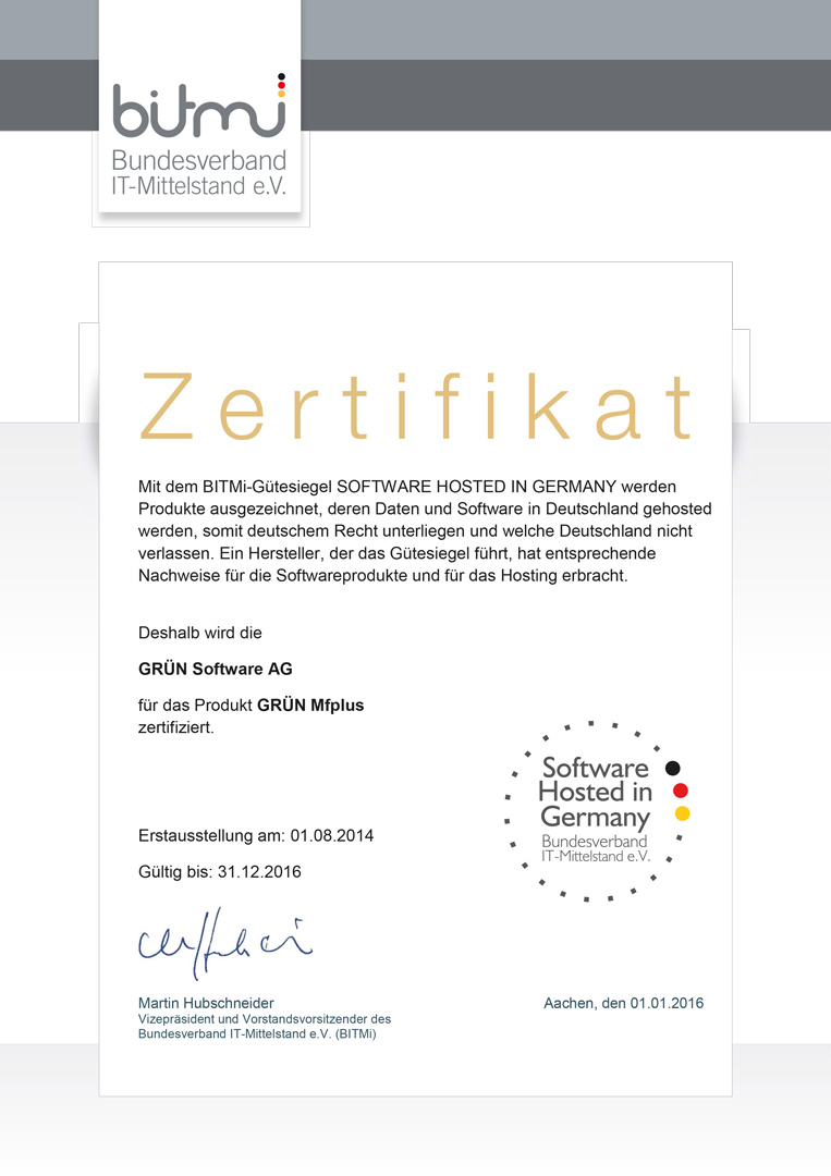 GRÜN MFplus wurde mit dem Siegel Software Hosted in Germany ausgezeichnet.