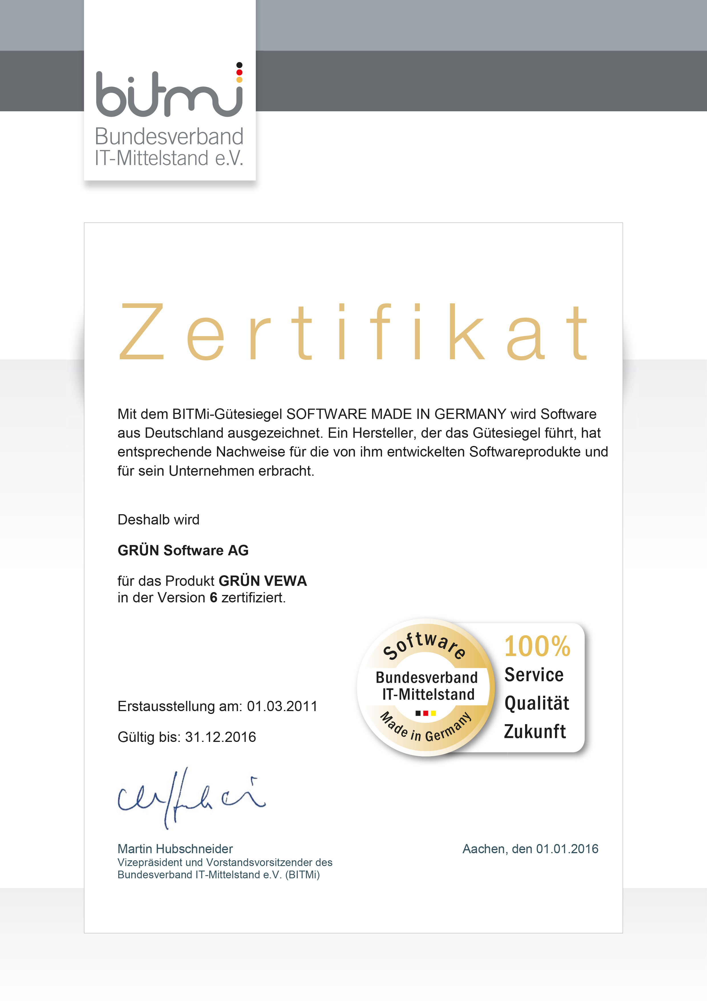 GRÜN VEWA vom BITMi als Software made in Germany zertifiziert.