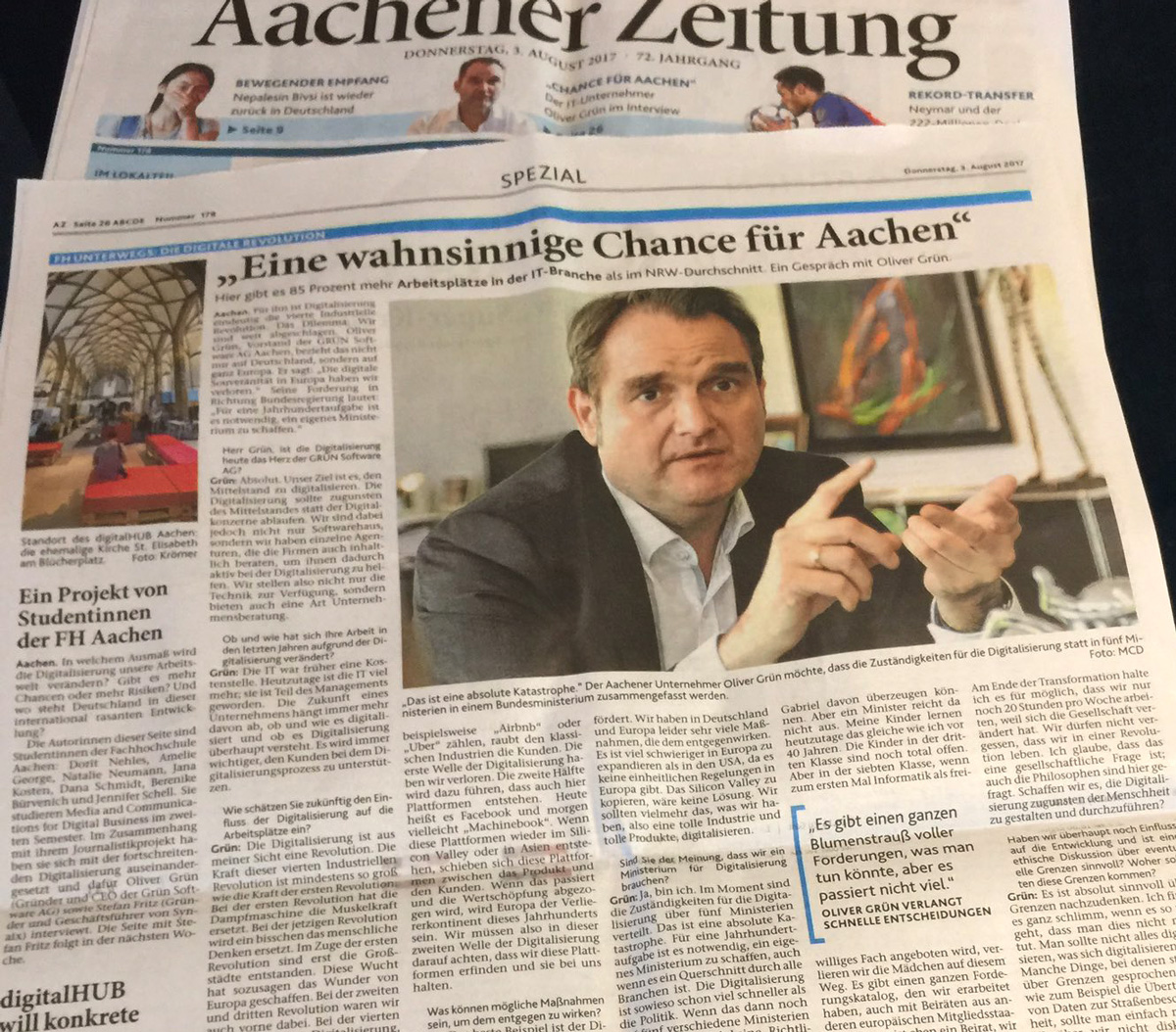 Die Aachener Zeitung veröffentlichte am 3. August 2017 ein Grundsatz-Interview mit Oliver Grün.