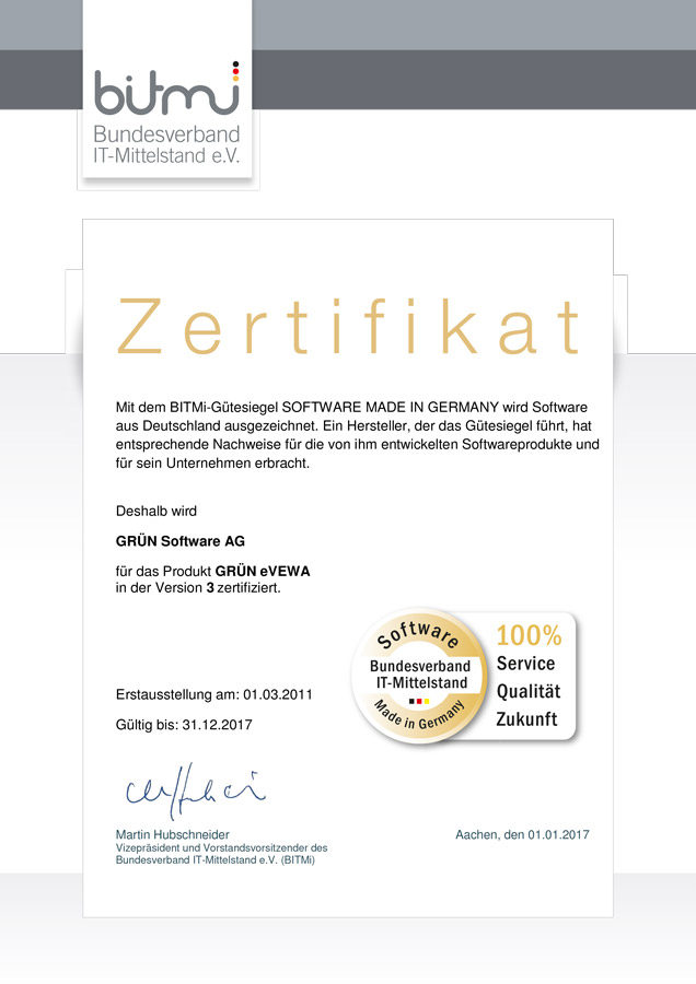 GRÜN eVEWA vom BITMi als Software made in Germany zertifiziert.